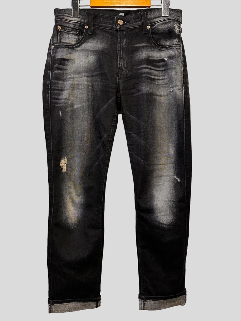 7 For All Mankind Distressed Black Wash Stretch Skinny Jeans 27